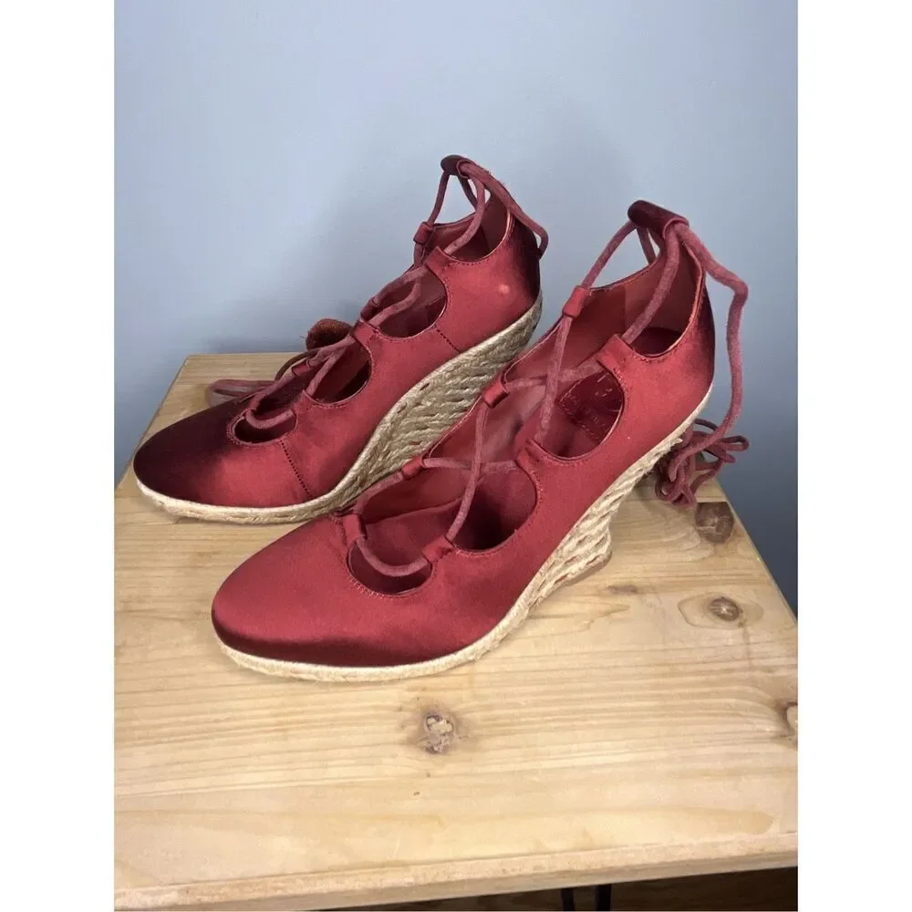 Tory Burch‎ Women's High Heels Wedge Espadrilles Pompoms Satin Merlot Shoes 5.5